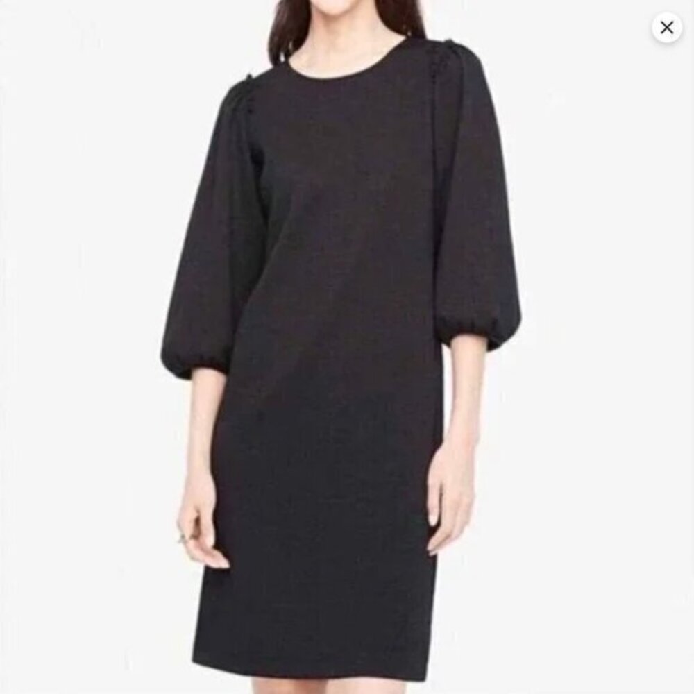 Ann Taylor Black Shift Dress Bubble Sleeve Textured Fabric Ruffle Shoulder Large